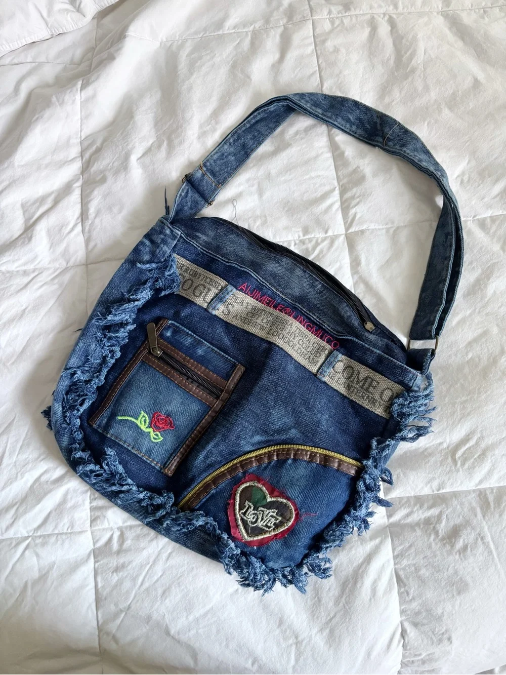 Denim Fringe Crossbody Bag with Rose & Heart Embroidery